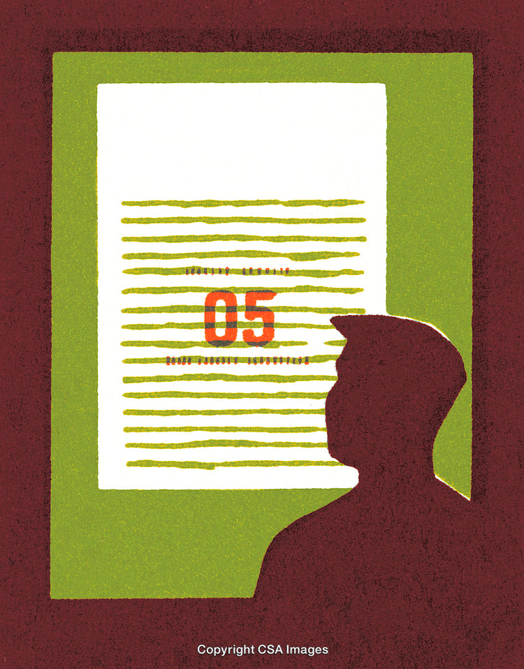 Silhouette of Person Observing a Document with Green and Red Highlights