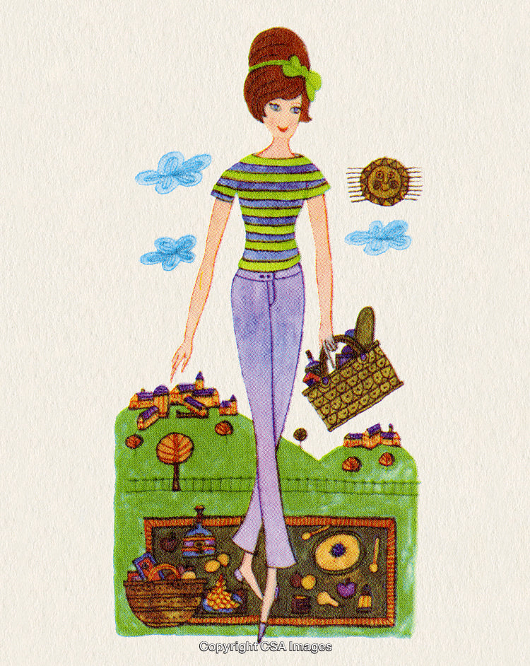 Stylized Illustration of Woman Enjoying a Picnic Outdoors in Vibrant Colors