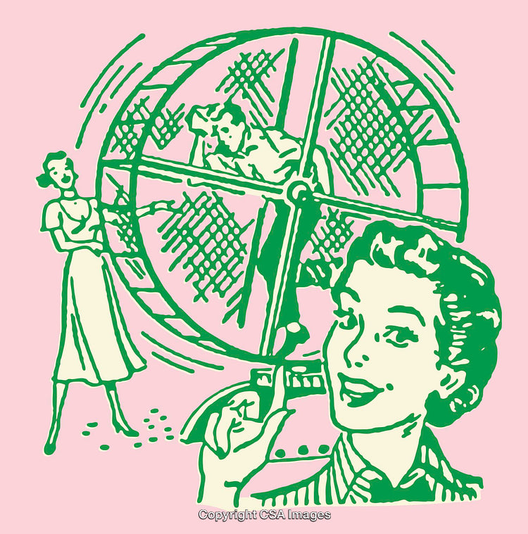 Retro Line Art Featuring a Humorous Hamster Wheel Cartoon Concept