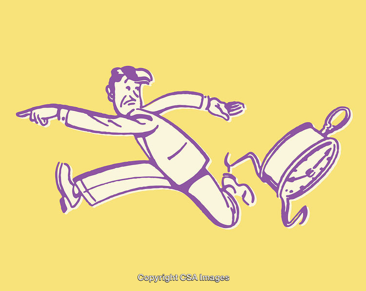 Illustration of Man Running Away From Alarm Clock with Vibrant Colors