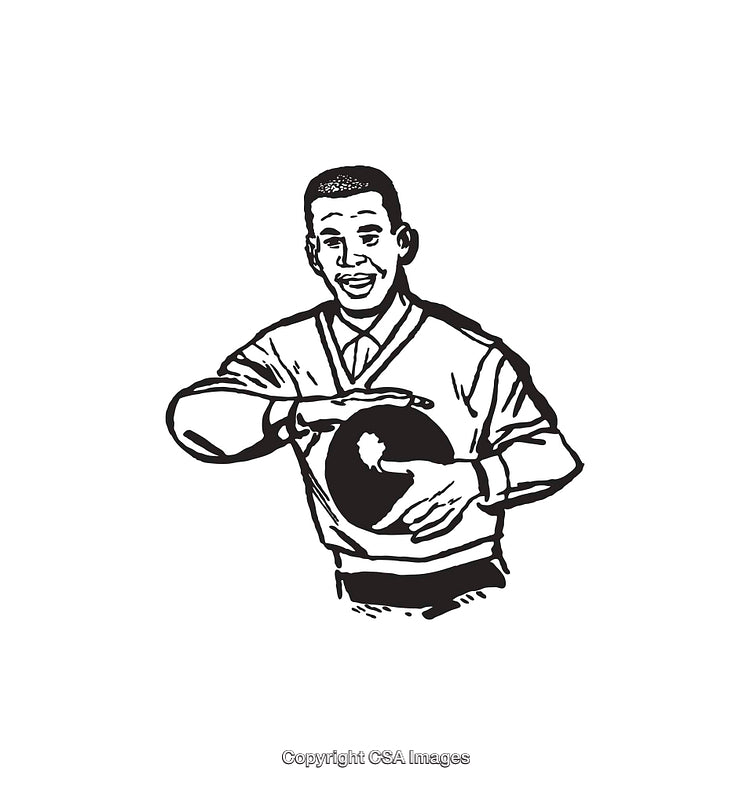 Black and White Illustration of a Smiling Man Holding a Ball