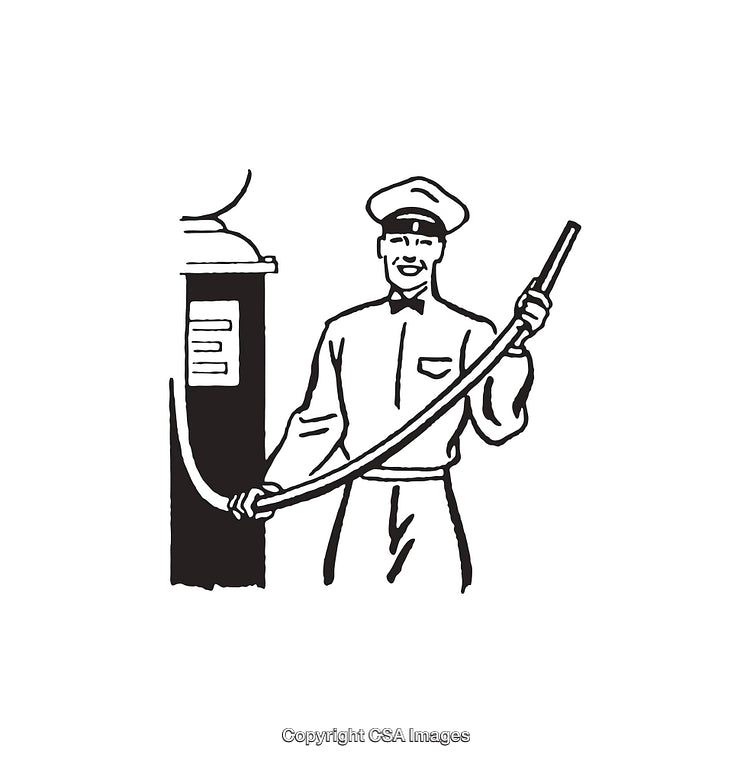Vintage Gas Station Attendant Illustration with Pump and Hose