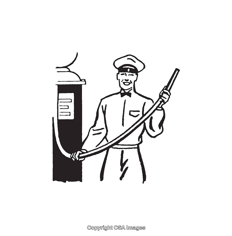 Vintage Gas Station Attendant Illustration with Pump and Hose