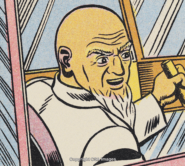 Vintage Comic Style Illustration of Elderly Man Holding a Tool