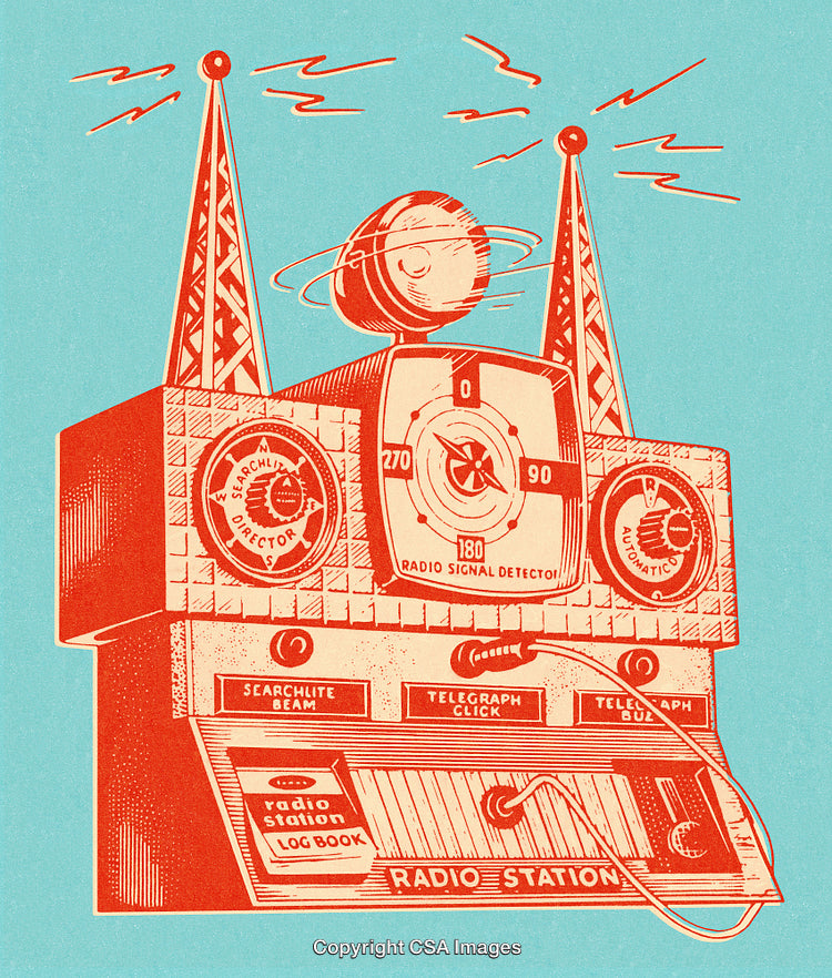 Retro Futuristic Radio Device With Tower and Signal Elements in Vibrant Colors