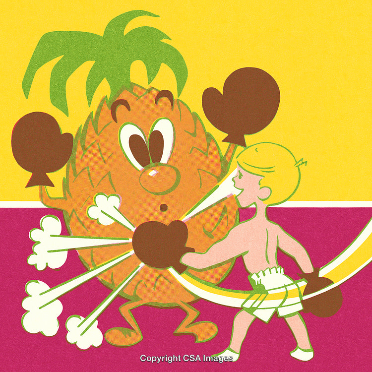 Playful Illustration of a Boy Boxing a Humorous Pineapple