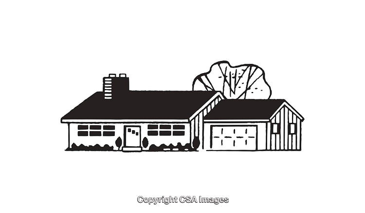 Black and White Illustration of a House with Trees and Garage