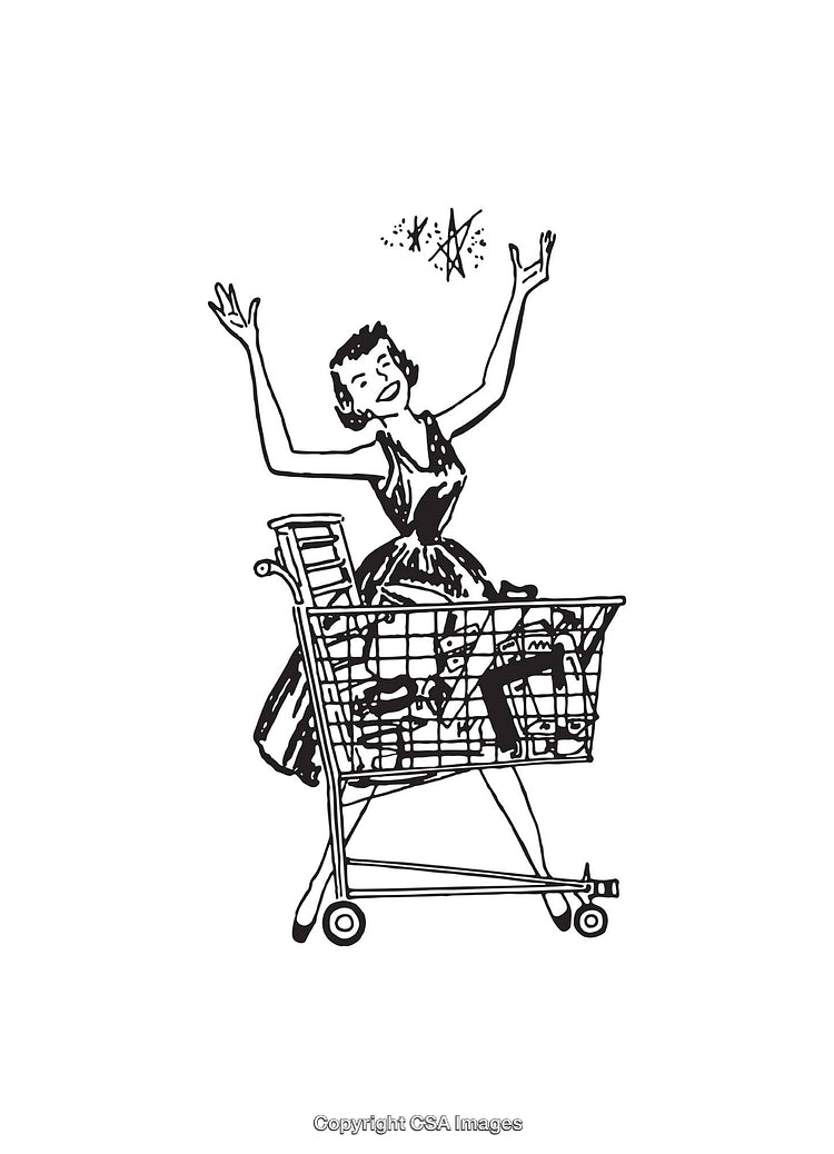 Vintage Style Black and White Line Art Shopping Illustration
