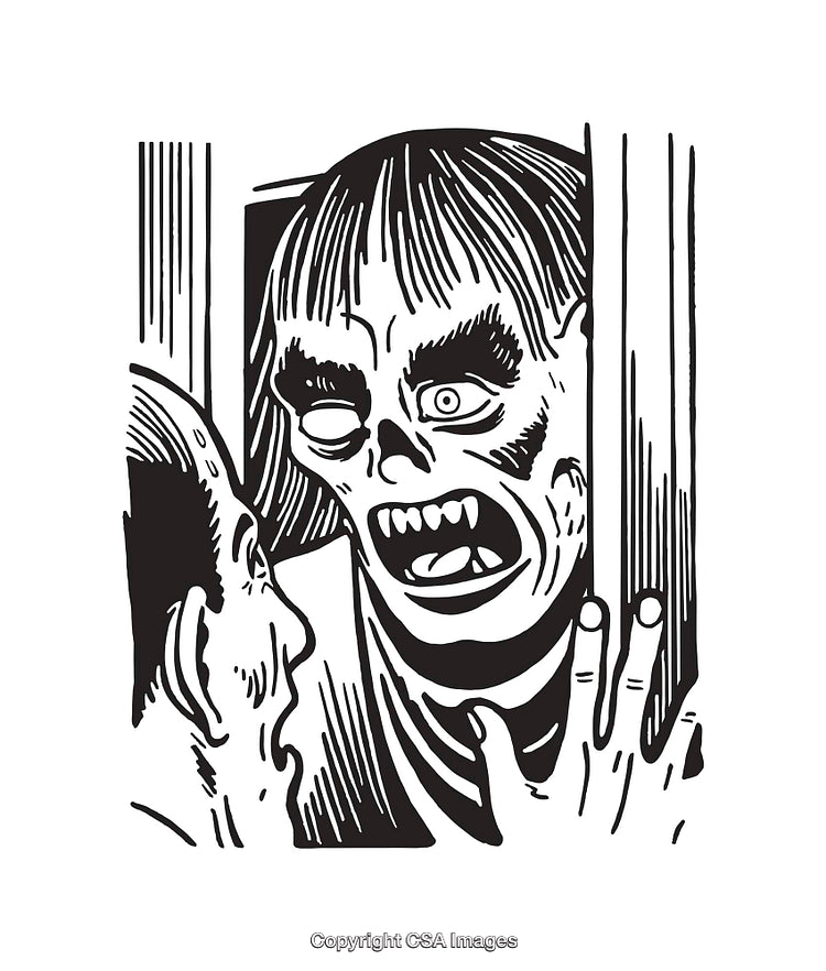 Black and White Illustration of a Horror-Themed Creepy Monster Face