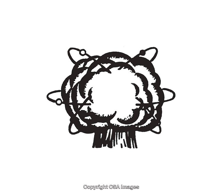 Atomic Explosion Depiction in Monochrome Line Art Style With Electrons