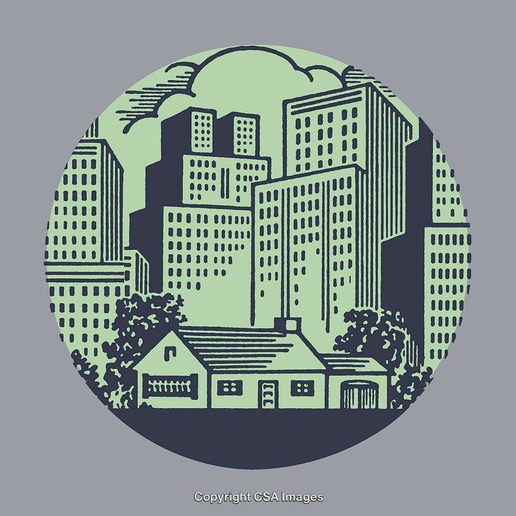 Stylized Illustration of a House with Towering Urban Skyscrapers in Background