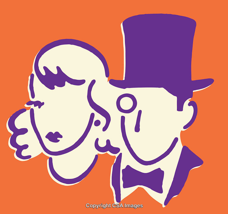 Colorful Line Art Depicting Distinguished Couple in Classic Attire on Orange Background
