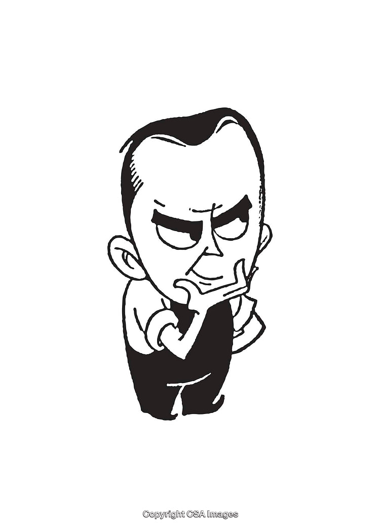 Cartoon Character in Thoughtful Pose, Black and White Illustration