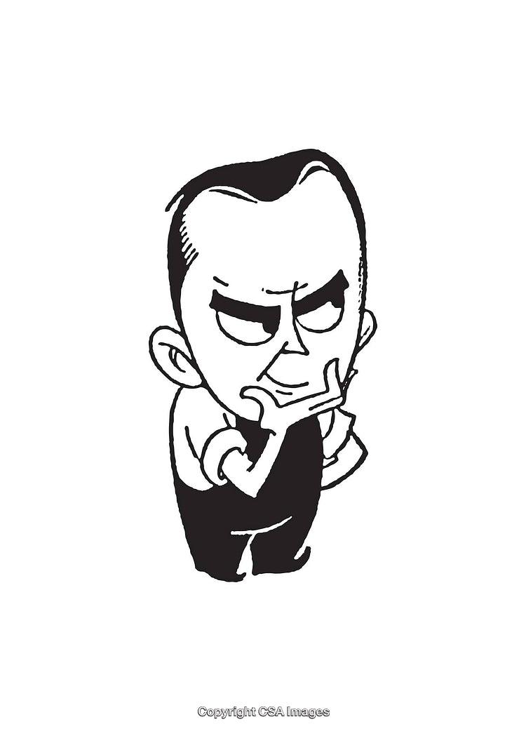Cartoon Character in Thoughtful Pose, Black and White Illustration
