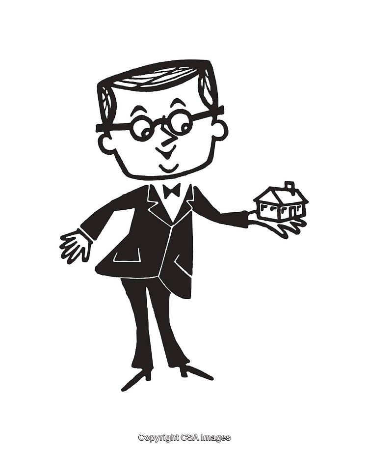 Cartoon Character Holding Small House in Black and White Line Art