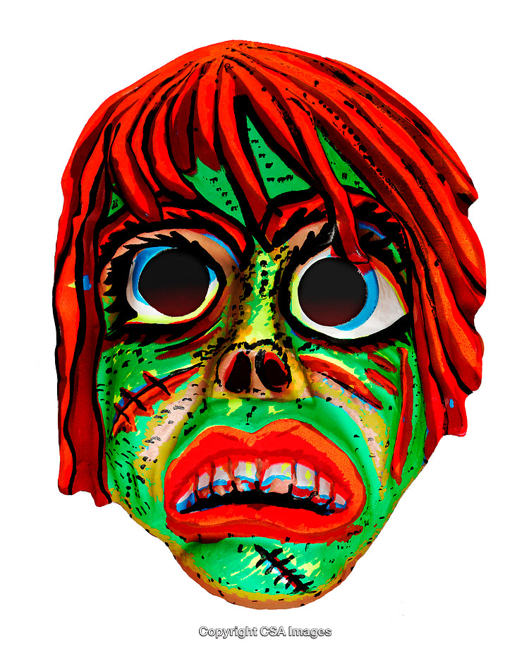 Vivid Green Zombie Mask with Bright Red Hair and Expressionistic Details
