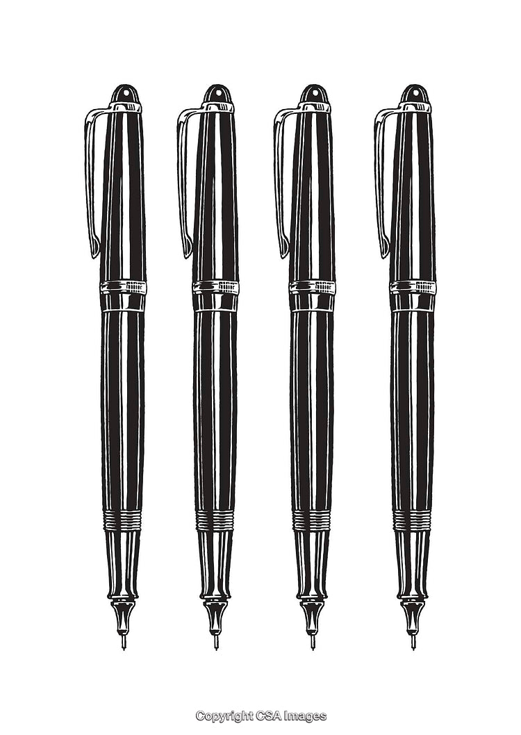 Set of Fountain Pen Illustrations in Black and White Line Art Style