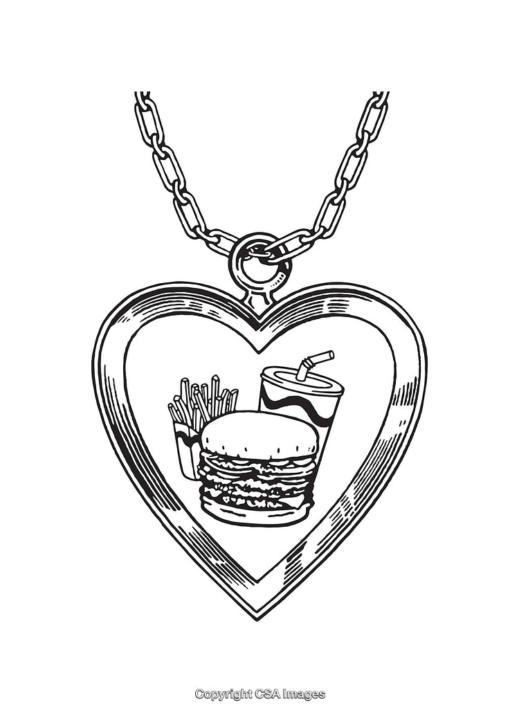 Heart-Shaped Pendant Featuring Fast Food Line Art Illustration