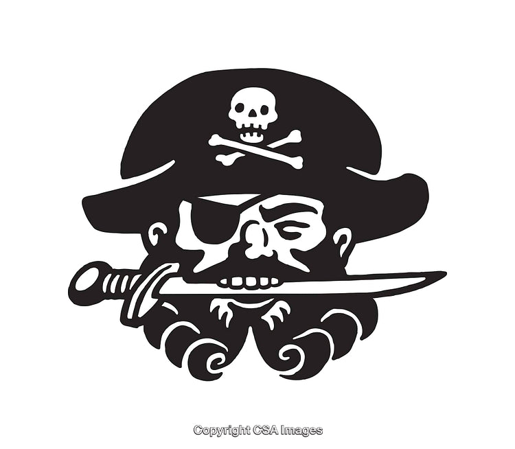 Black and White Pirate Skull Line Art Illustration with Sword and Hat