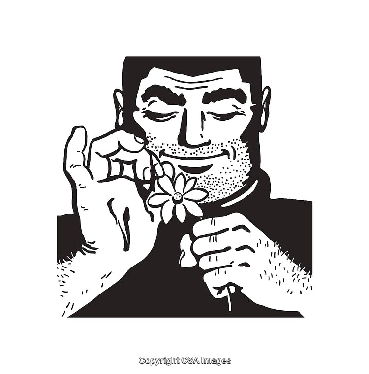 Black and White Line Art of a Man Holding a Flower