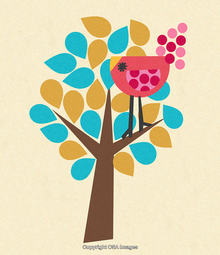 Quirky Geometric Bird Perched on a Vibrant Tree Illustration