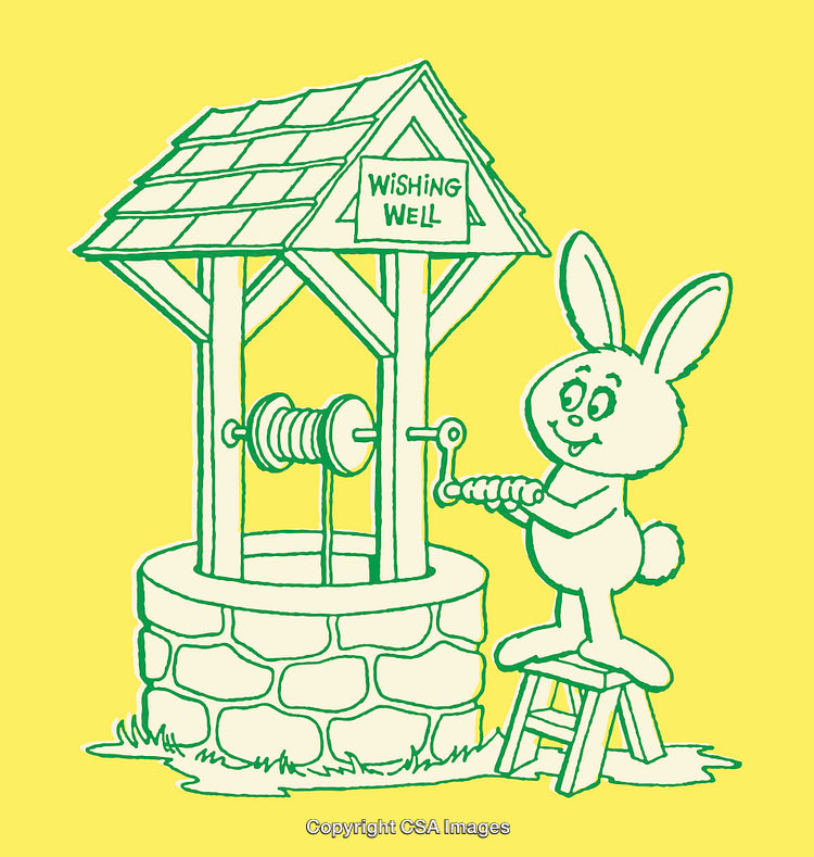 Whimsical Bunny Operating a Wishing Well in Colorful Line Art Drawing
