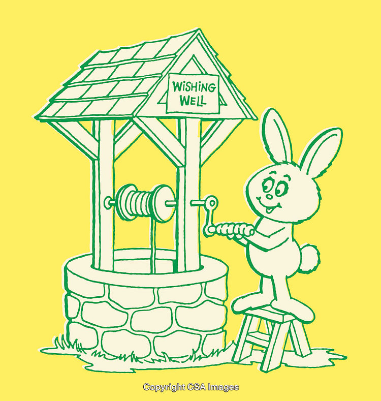 Whimsical Bunny Operating a Wishing Well in Colorful Line Art Drawing