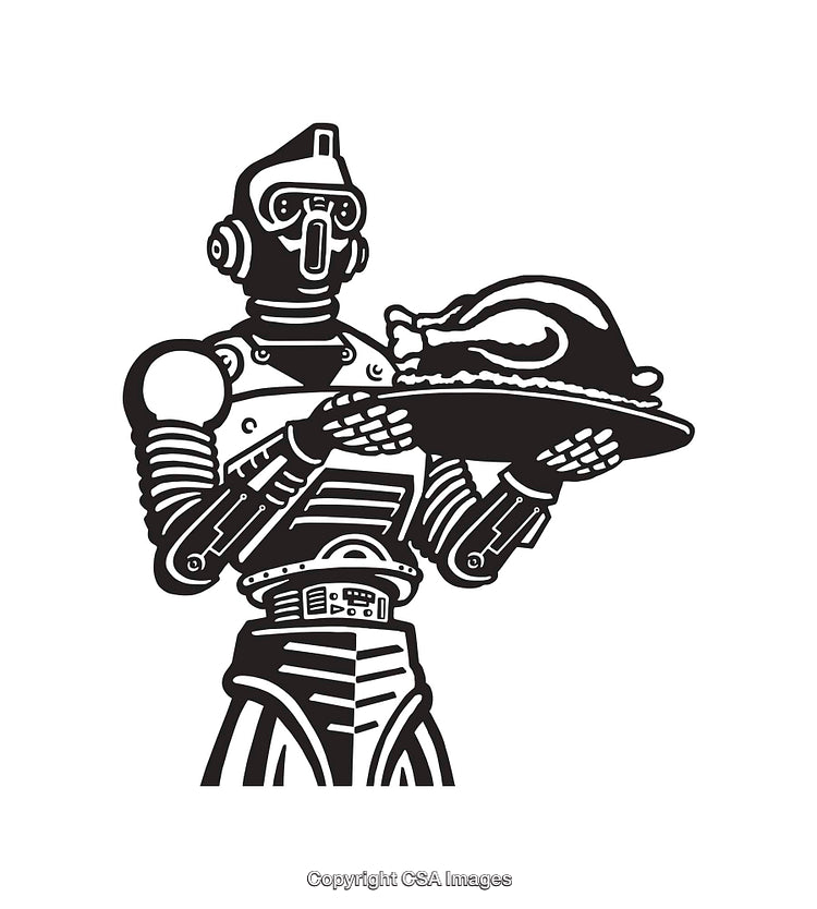Retro Robot Serving Roasted Turkey in Vintage Line Art Style