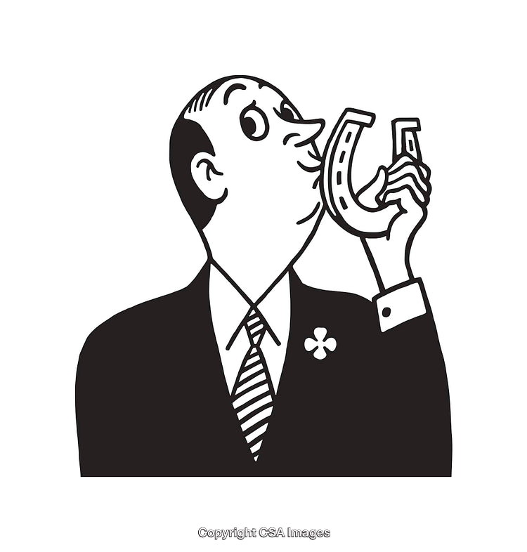 Man in Suit Holding and Kissing a Lucky Horseshoe in Line Art
