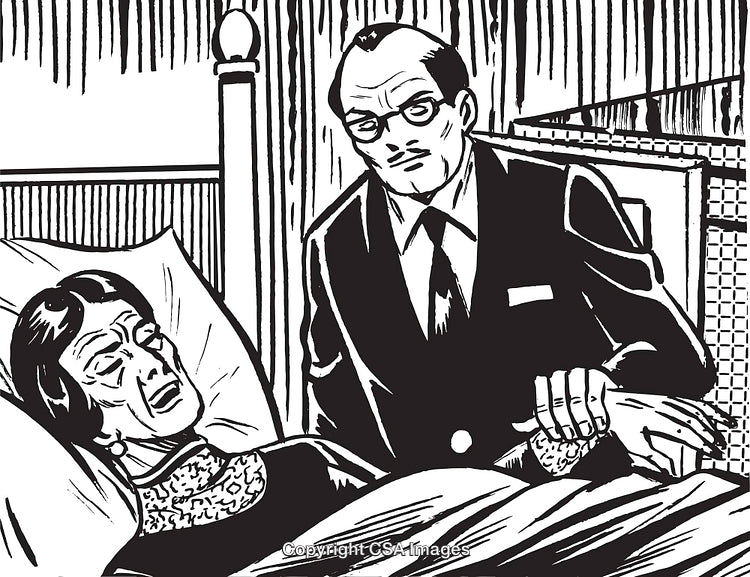 Black and White Illustration of a Bedridden Woman Tended by a Concerned Man