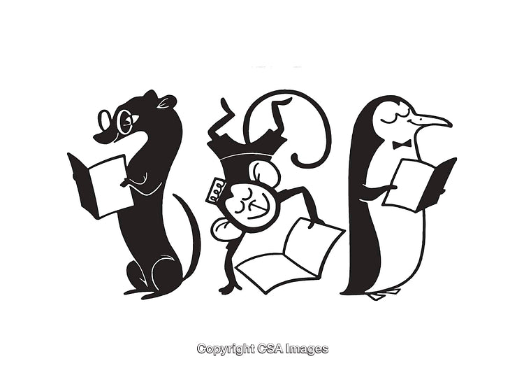 Black and White Illustrated Animals Reading Books in Line Art Style