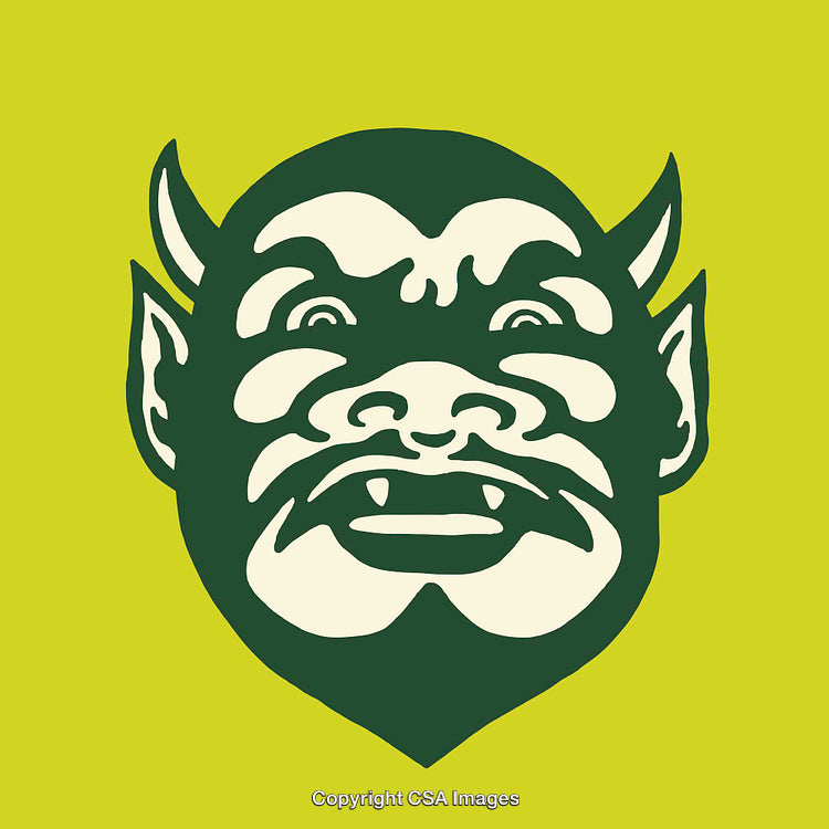 Abstract Line Art Illustration of a Grimacing Goblin Face on Green Background