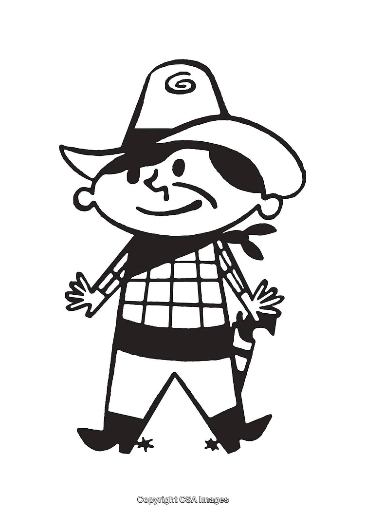 Black and White Line Art Illustration of a Cartoon Cowboy Character