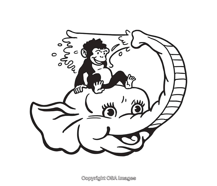 Playful Monkey Sitting on Friendly Elephant's Head in Whimsical Artwork