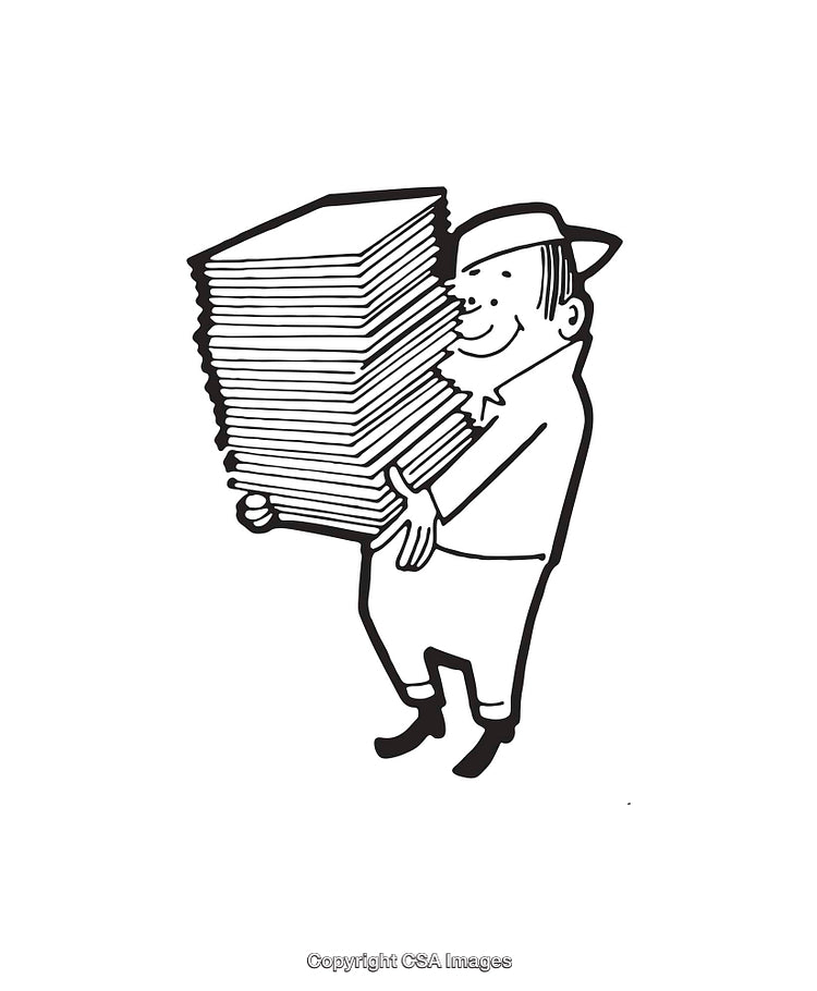 Black and White Line Art of a Man Carrying a Paper Stack