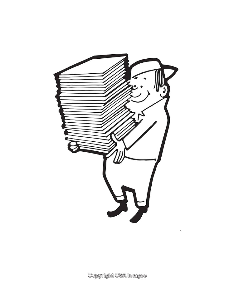 Black and White Line Art of a Man Carrying a Paper Stack