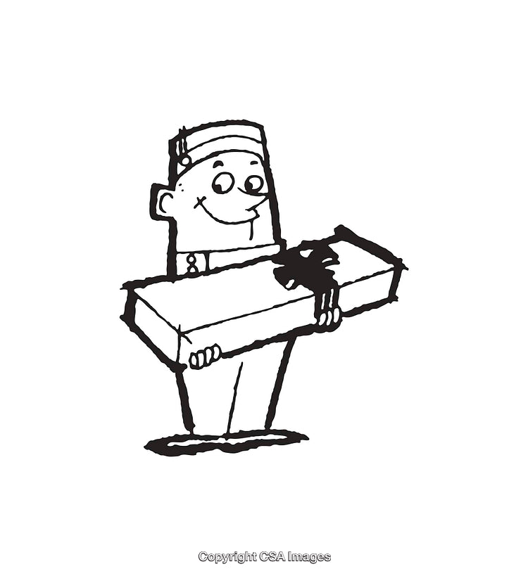 Black and White Illustration of Happy Character Holding a Wrapped Gift