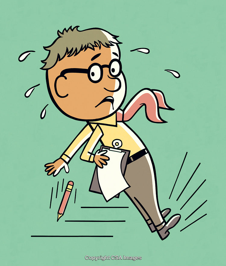 Cartoon Style Person Reacting Out of Surprise Holding Clipboard With Falling Pencil
