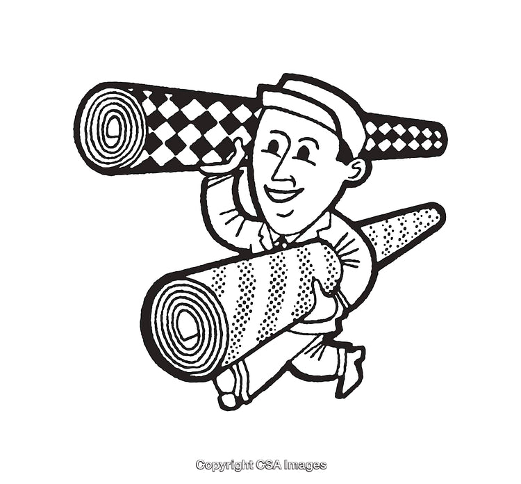 Black and White Illustration of a Happy Worker Carrying Rolled Fabrics