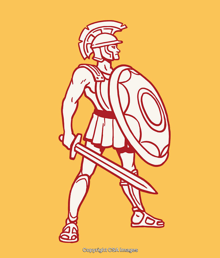 Roman Warrior Illustration Depicting Strength and Valor with Bold Red Lines