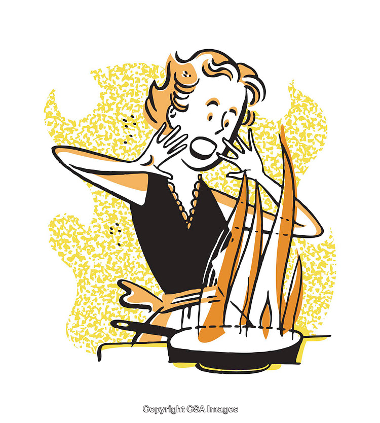 Retro Illustration of Woman Reacting To Cooking Fire Accident