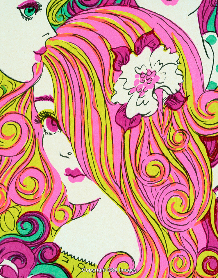 Colorful Psychedelic Style Illustration Featuring Women with Vibrant Abstract Hair