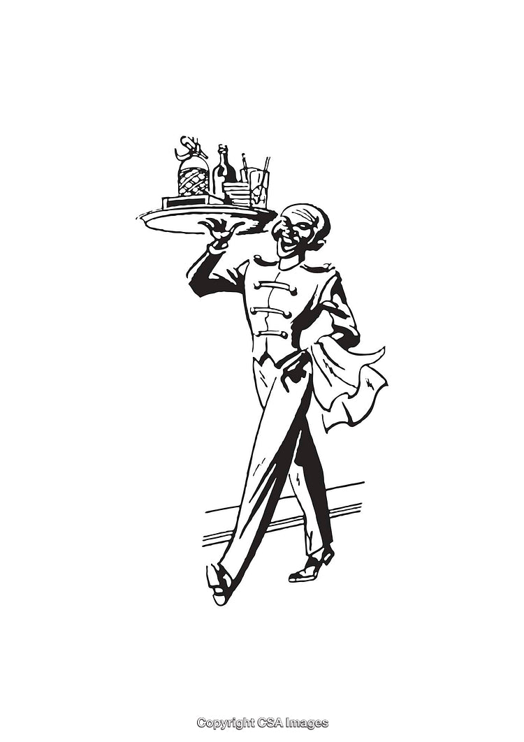 Elegant Waiter Carrying a Tray with Bottled Beverages, Line Art Illustration