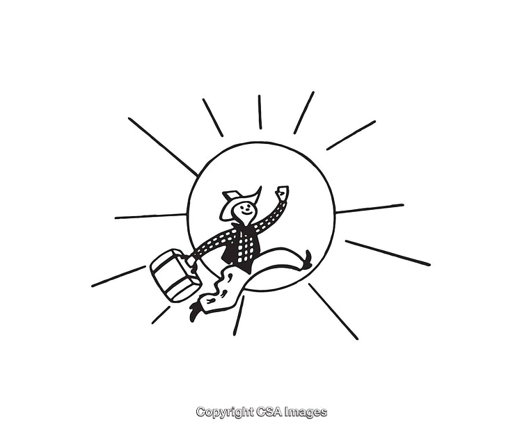 Hand-Drawn Cowboy Illustration Jumping with Sun Background