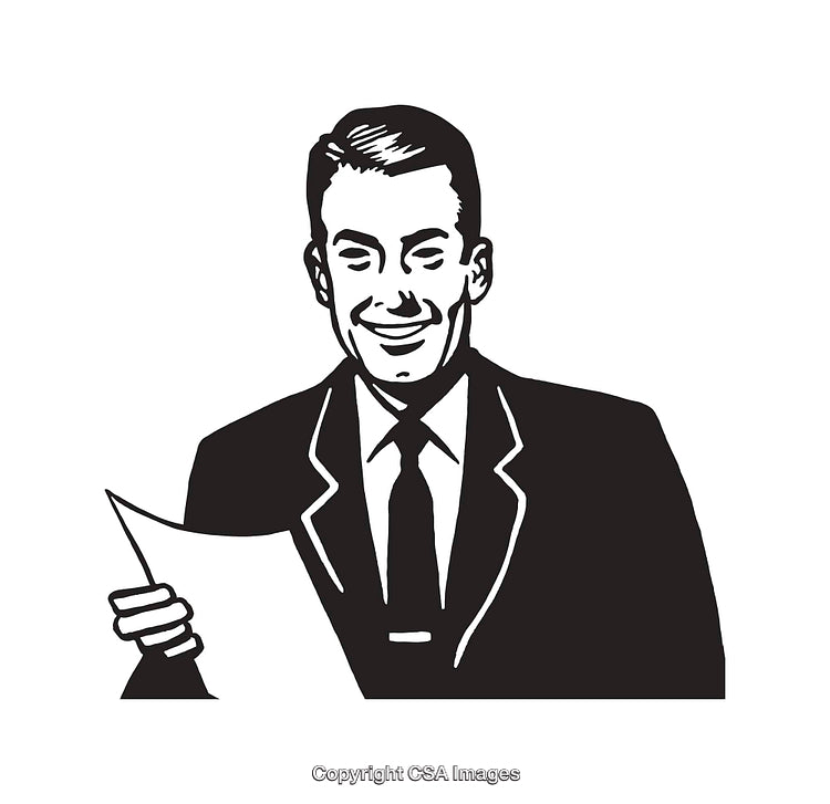 Smiling Businessman Holding a Paper in Black and White Line Art Style