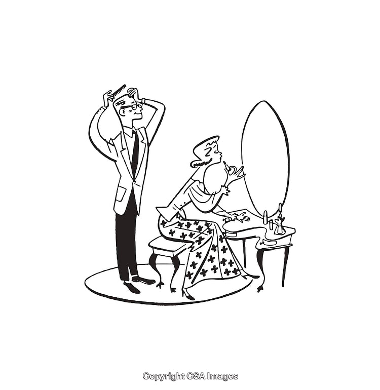 Black And White Line Art of Couple Preparing in Front of Mirror