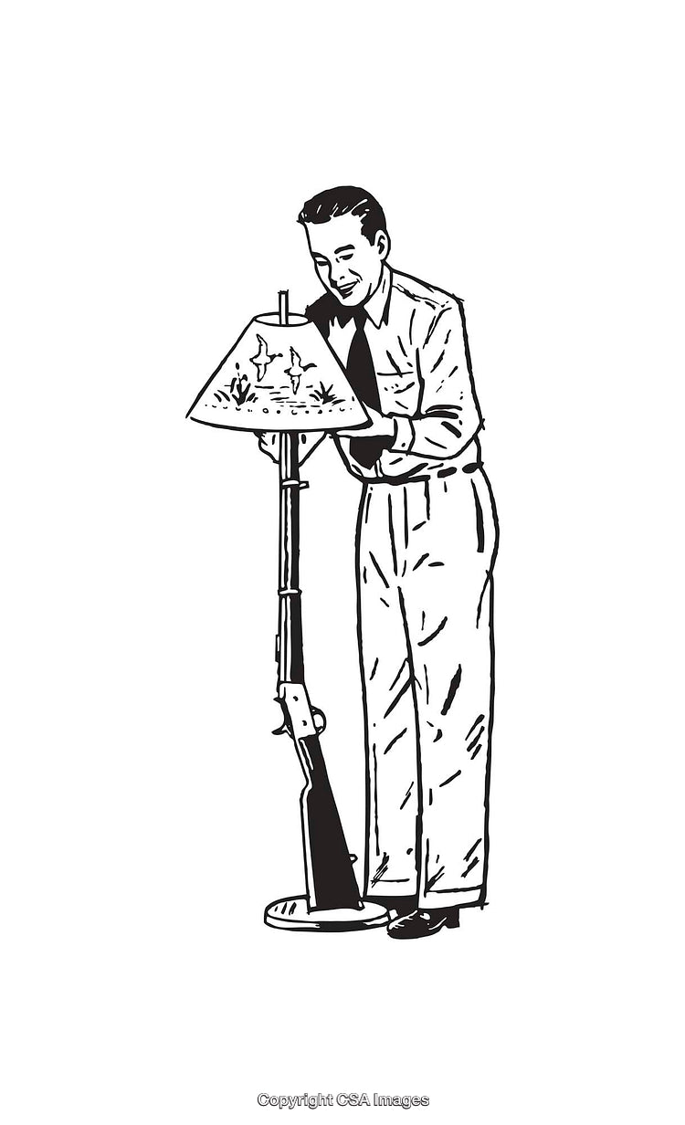 Vintage Black and White Illustration of a Man with Unique Lamp Design