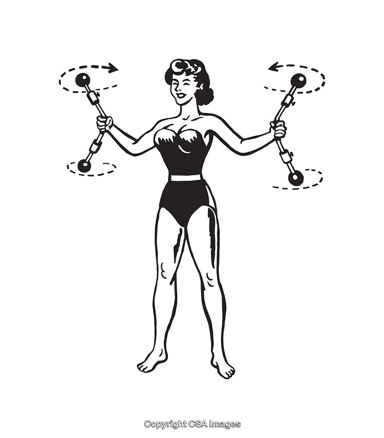 Vintage Black and White Line Art of Woman Exercising With Dumbbells