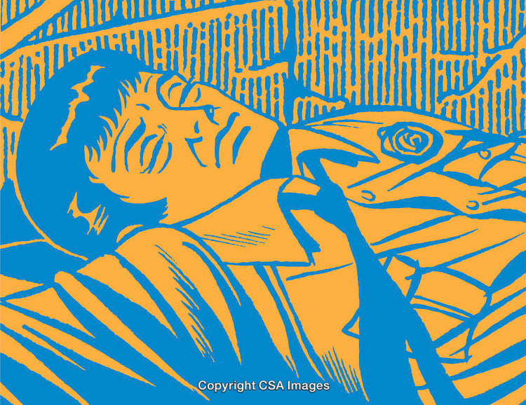 Abstract Illustration of Resting Figure in Bold Blue and Yellow Tones