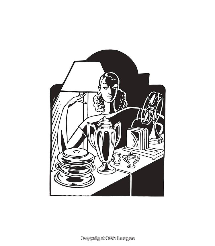 Black and White Line Art Illustration of a Table With Objects